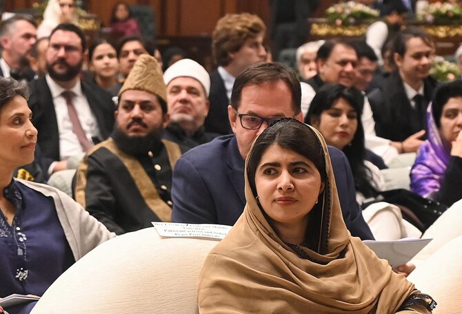 Nobel Peace Prize Laureate Malala Yousafzai (C) attends an international summit on 'Girls’ Education in Muslim Communities', in Islamabad on January 11, 2025. (AFP/File)