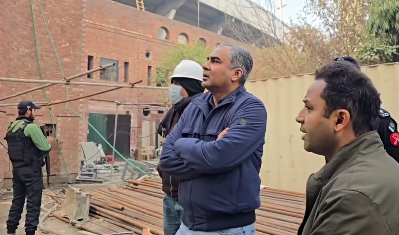 The screengrab taken from a video released by Pakistan Cricket Board (PCB) shows Chairman PCB Mohsin Naqvi (second right) reviewing renovation work during his visit to Gaddafi Stadium in Lahore, Pakistan, on January 12, 2025. (Screengrab/PCB)