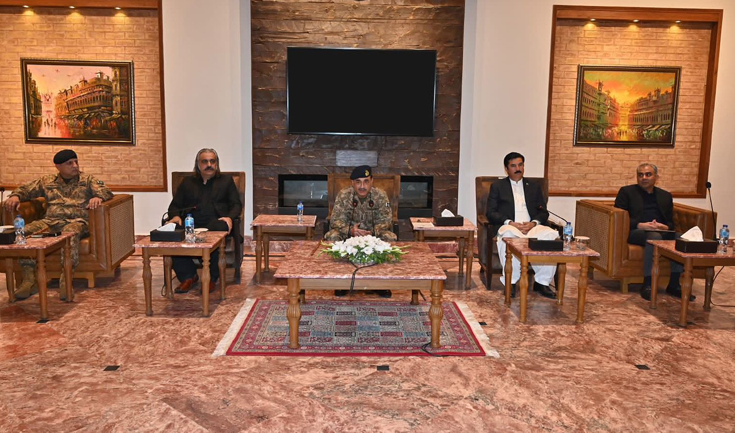 Pakistan’s army chief, General Asim Munir (center) holds meeting with political leaders of Khyber Pakhtunkhwa province in Peshawar, Pakistan, on January 13, 2025. (Pakistan Army)