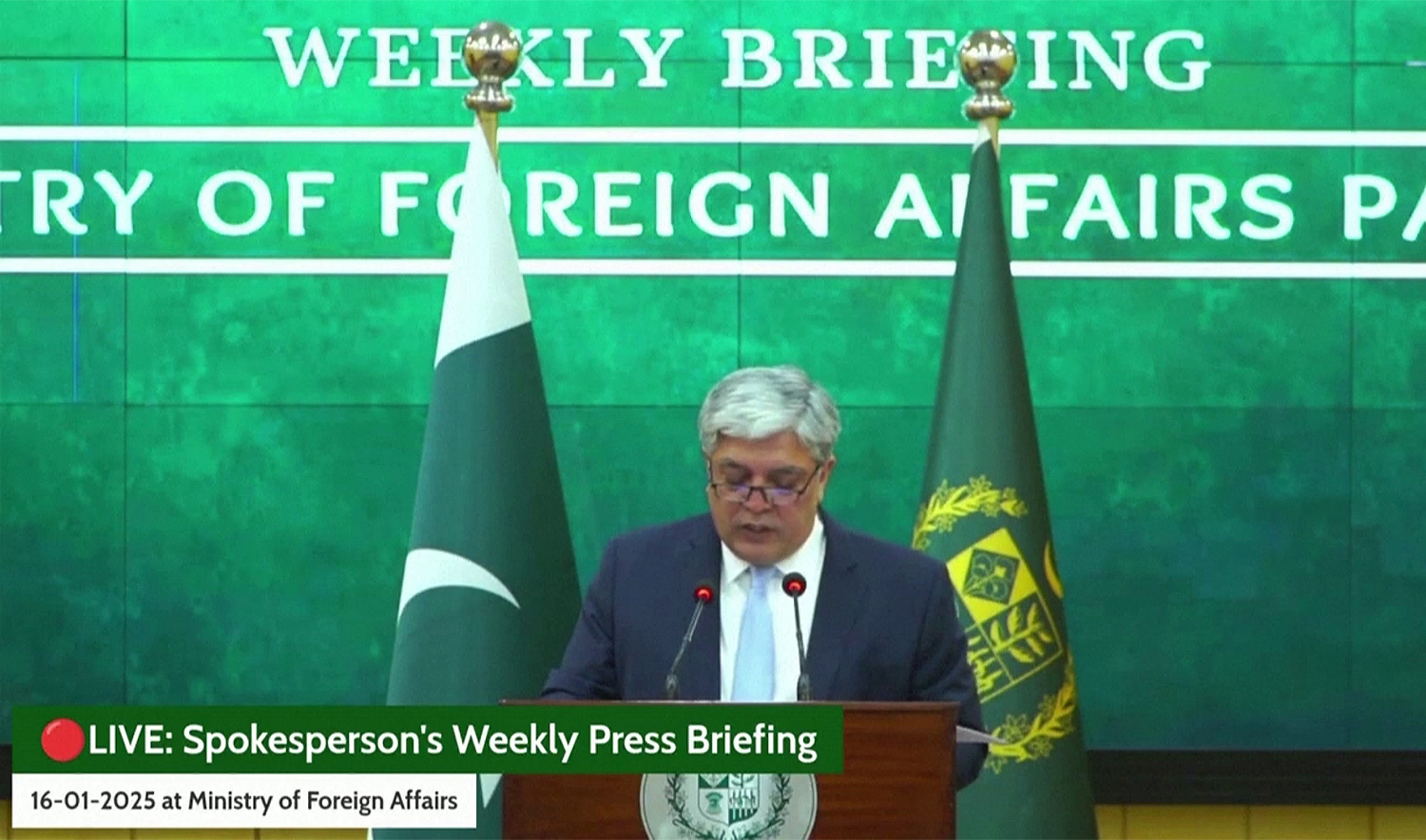 Pakistan's Foreign Office Spokesperson Shafqat Ali Khan addresses weekly press briefing in Islamabad, Pakistan, on Januart 16, 2025. (MOFA)