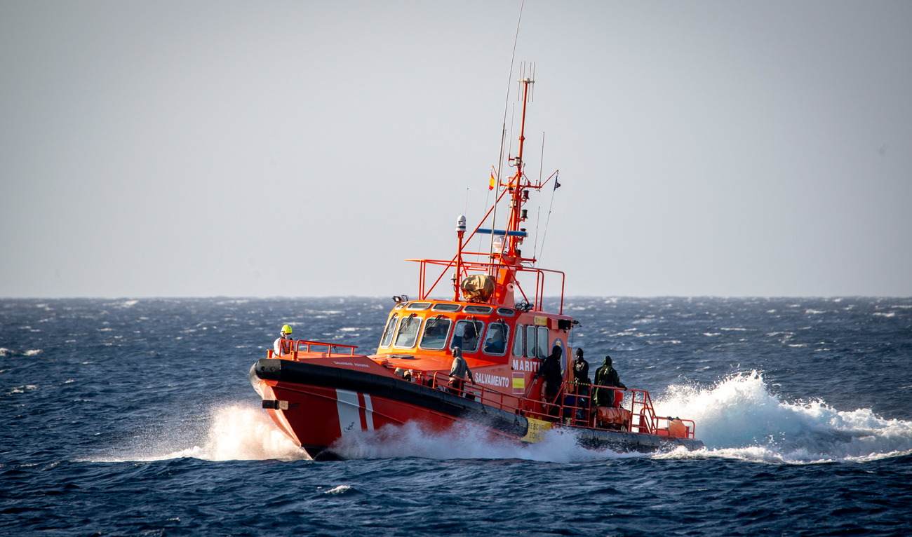 In this file photo, taken on December 3, 2024, a Spanish Salvamento Maritimo (Sea Search and Rescue agency) vessel carrying 121 migrants rescued at sea arrives at La Restinga port on the Canary Island of El Hierro. (AFP/File)
