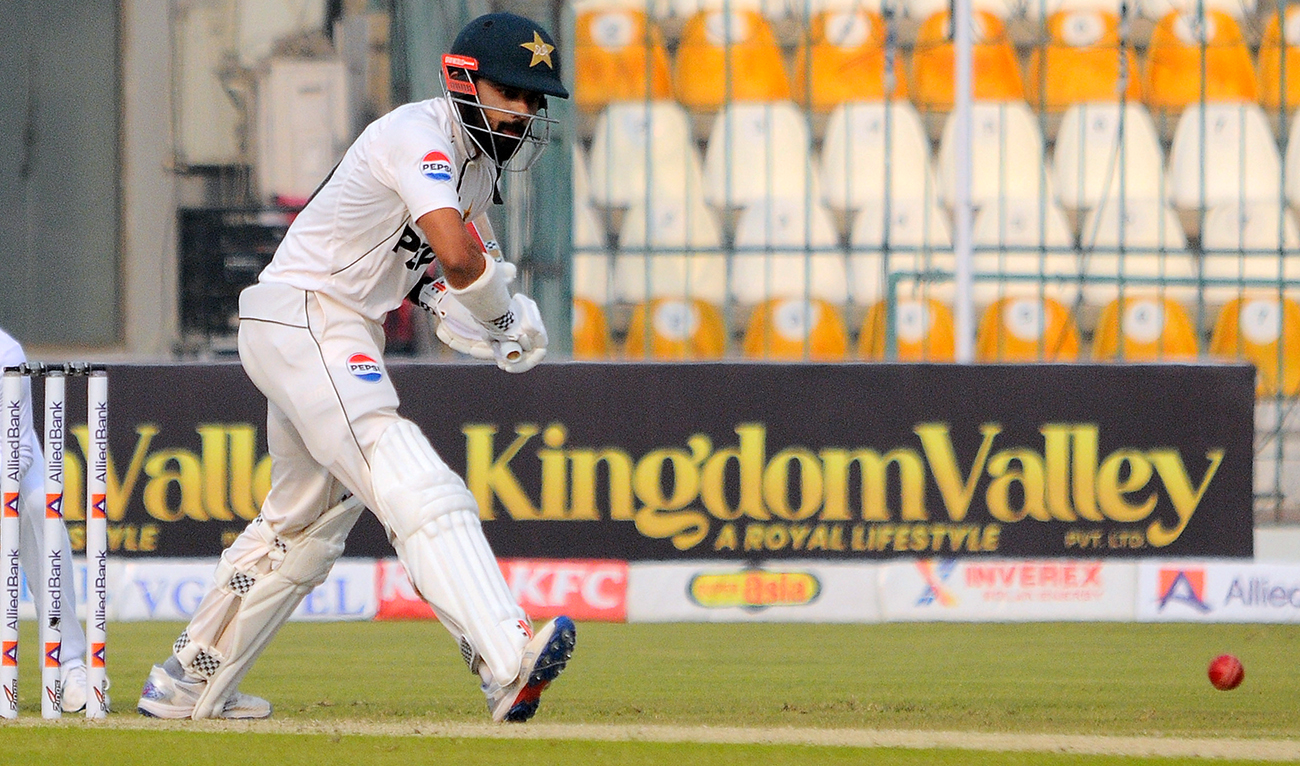 Pakistan’s Saud Shakeel bats during the day one of the first test cricket match between Pakistan and West Indies, in Multan on January 17, 2025. (AP)
