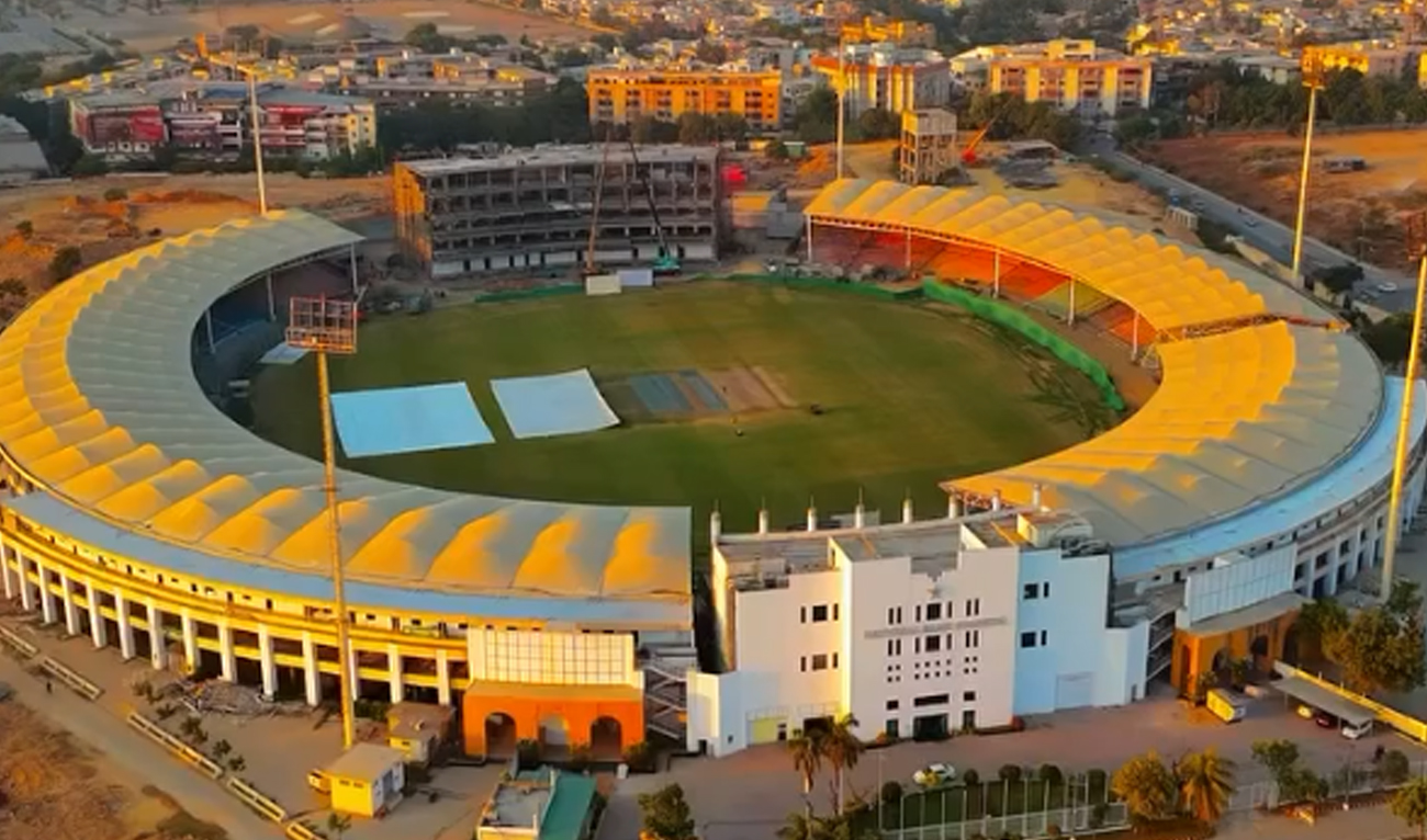 This screengrab, taken from a video released by ‘Realtor Says’ on January 1, 2025, shows construction work going on at the National Stadium in Karachi, ahead of ICC Champions Trophy tournament. (Photo courtesy: Realtor Says)