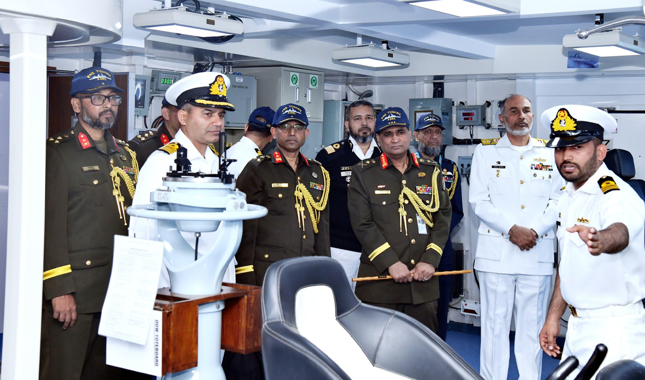 The handout photograph released by Pakistan Navy on January 19, 2025 shows Lt. Gen. SM Kamr-ul-Hassan, principal staff officer (PSO) of the Bangladesh armed forces division, receives a briefing during his visit to a Pakistan Navy ship in Karachi. (Pakistan Navy)