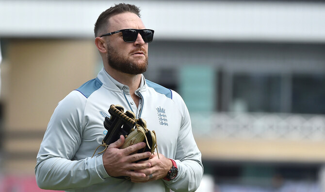 England’s coach Brendon McCullum looks on before the third day of the 2nd test match between England and New Zealand at Trent Bridge in Nottingham, England, on June 12, 2022. (AP/File)