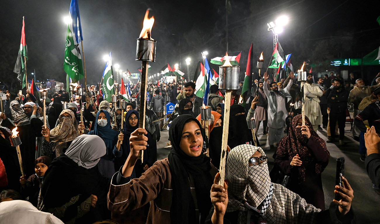 Pro-Palestinian supporters of Pakistan’s Jamaat-e-Islami (JI) party take part in a thanksgiving rally in Karachi on January 20, 2025. (AFP)
