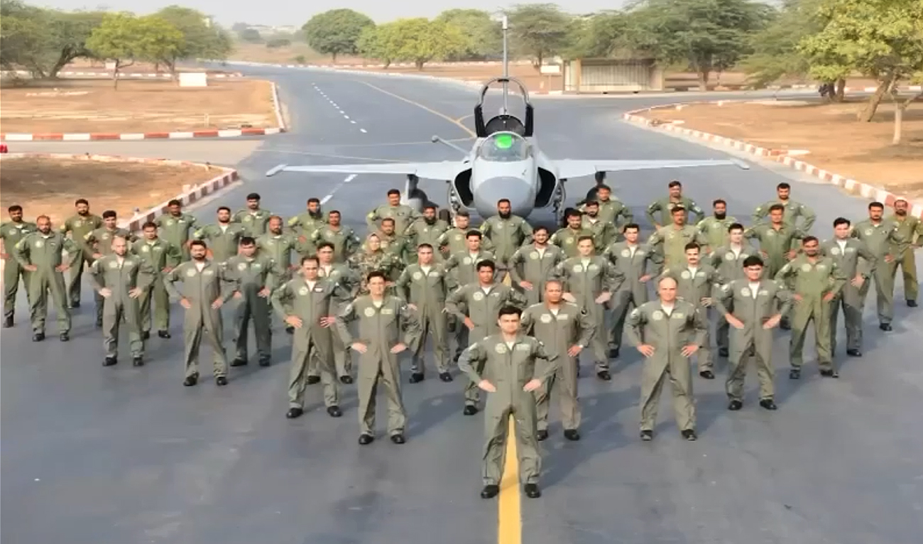 This screengrab, taken from a handout video released by Pakistan Air Force on January 21, 2025, shows Pakistani contingent who will participate in the multinational aerial combat exercise, “Spears of Victory-2025,” in Saudi Arabia. (Photo courtesy: PAF)