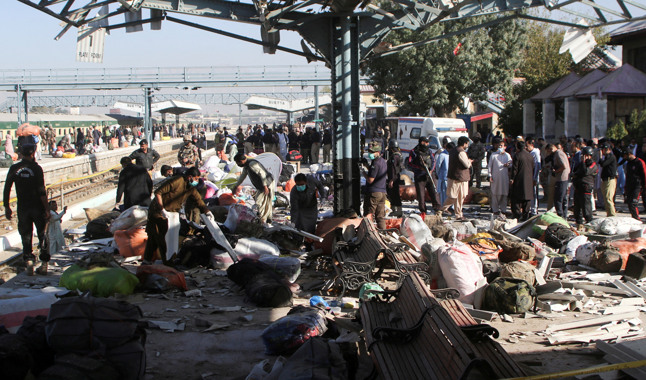 In this file photo, taken on November 9, 2024, passengers’ belongings are seen scattered on the platform after an explosion at a railway station in Quetta. (AFP/File)