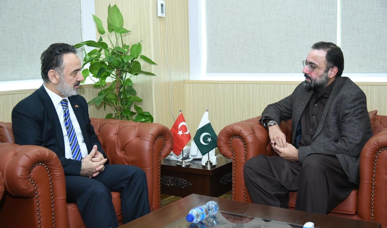 In this photo, posted on January 22, 2025, Pakistan’s Religious Affairs Minister Chaudhry Salik Hussain gestures during a meeting with Turkish Ambassador Irfan Nazir Oglu in Islamabad. (Photo courtesy: Islamabad Post)