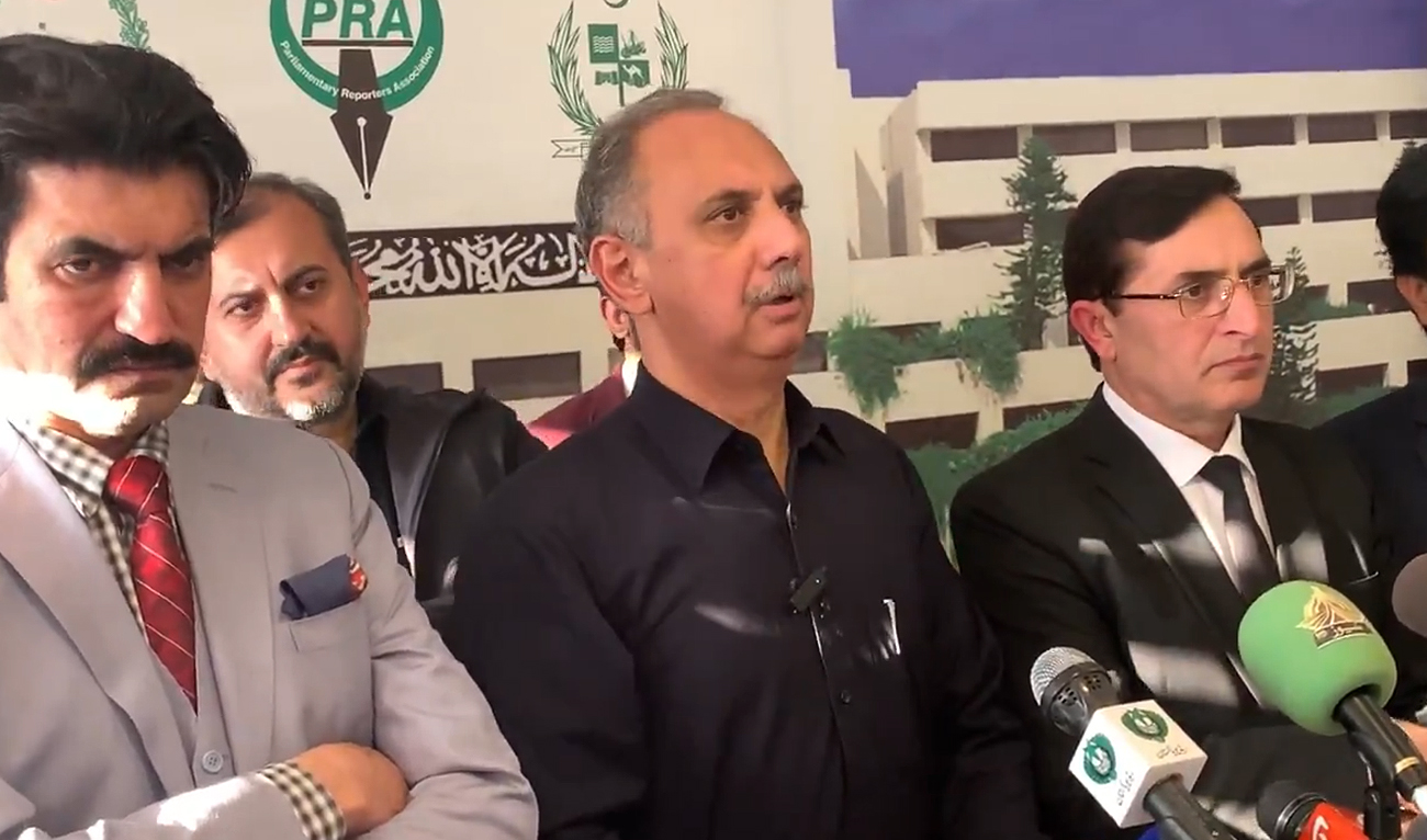 Opposition Leader in Pakistan National Assembly Omar Ayub Khan speaks during a press conference in Islamabad on January 22, 2025. (Photo courtesy: PTI)