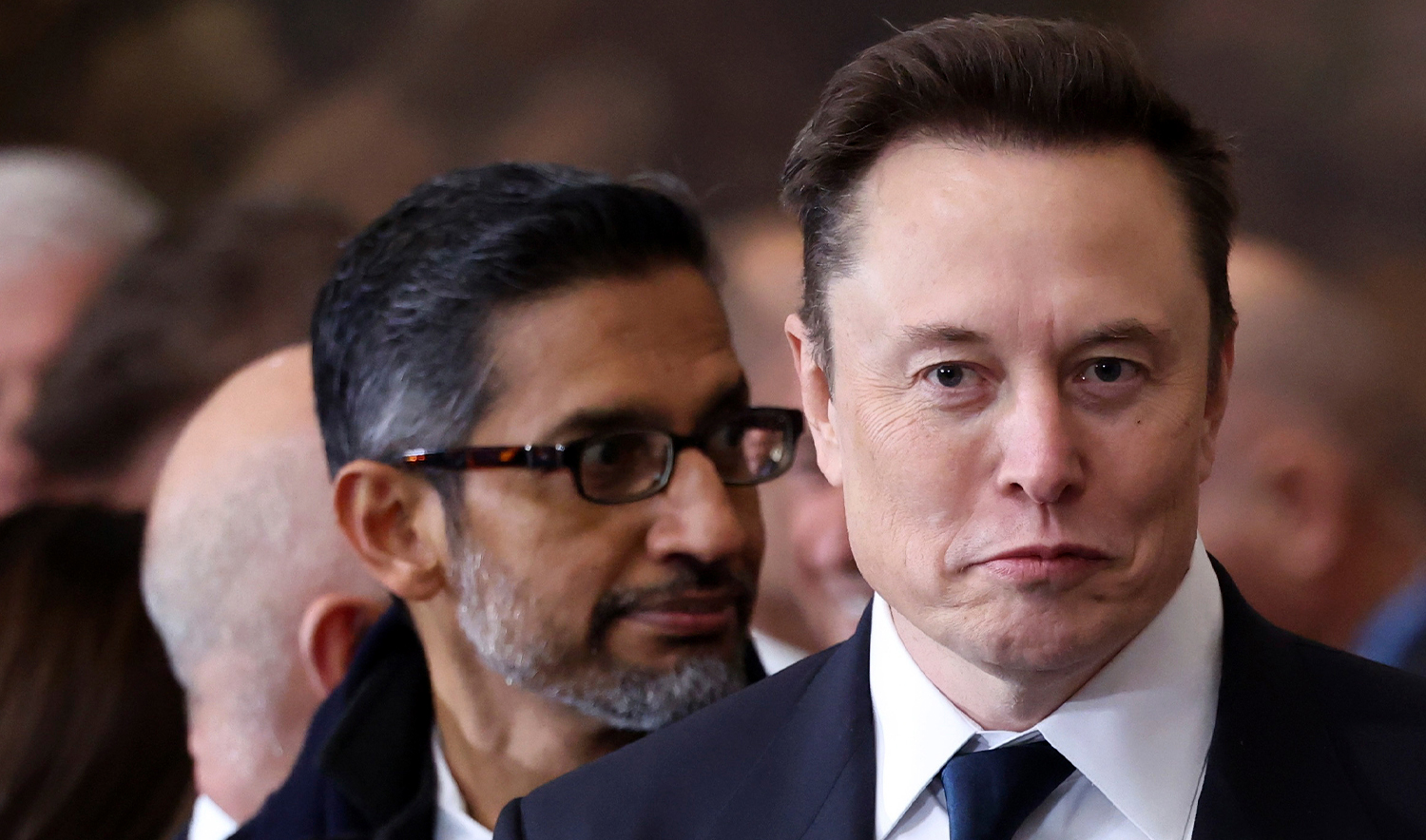 Elon Musk, right, and Google CEO Sundar Pichai arrive before the 60th Presidential Inauguration in the Rotunda of the U.S. Capitol in Washington, on Jan. 20, 2025. (AP/File)