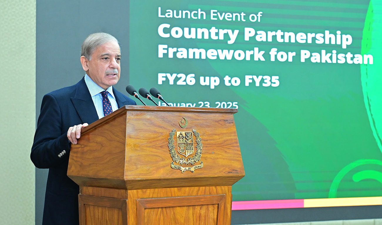 Prime Minister Shehbaz Sharif speaks during the launching ceremony of World Bank’s Country Partnership Framework for Pakistan, in Islamabad on January 23, 2025. (Photo courtesy: PMO)