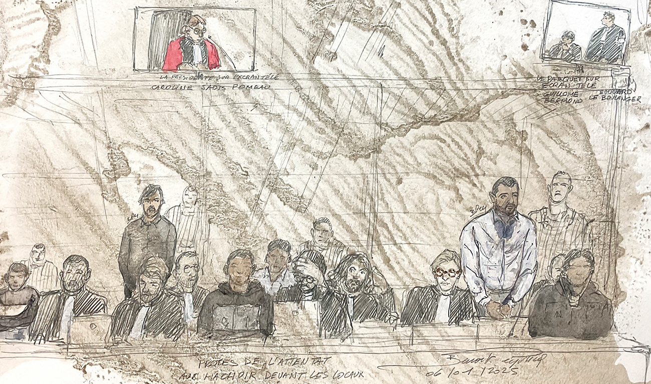 This court sketch made on January 6, 2025, shows defendant Zaheer Mahmood (2nd R) who attacked two people with a cleaver in September 2020, outside the former offices of Charlie Hebdo, during his trial at the juvenile assize court in Paris. (AFP)