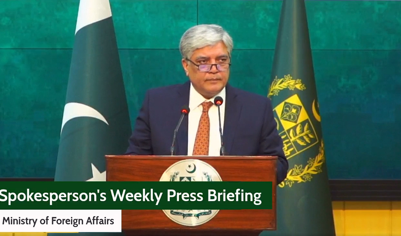 The screengrab taken from the press conference of Pakistan’s Ministry of Foreign Affairs shows the foreign office’s spokesperson Shafqat Ali Khan addressing weekly media briefing in Islamabad on January 23, 2025. (MOFA)