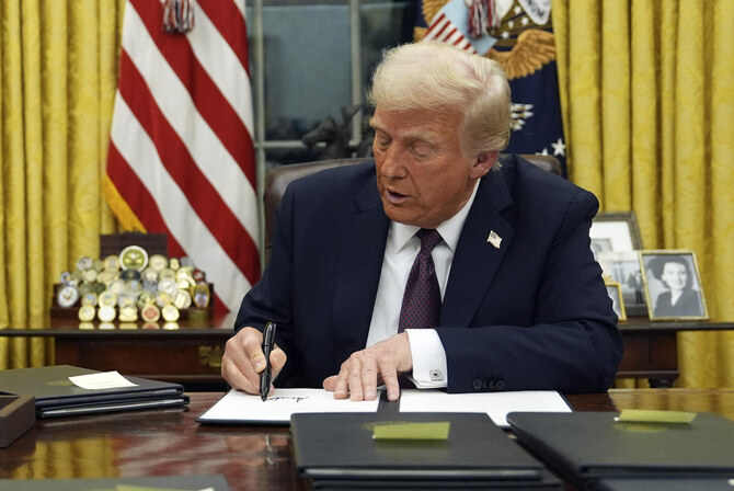 President Donald Trump signs an executive order in the Oval Office of the White House in Washington on January 20, 2025. (AP/File)