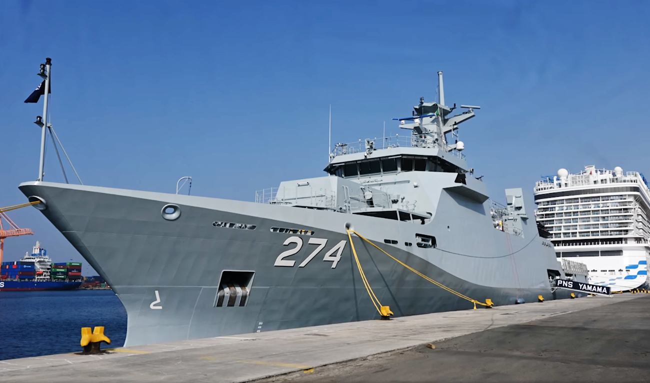 The handout image released by the Pakistan Navy on January 28, 2025, shows PNS ‘Yamama’ docked at the Jeddah Port, Saudi Arabia. (DG-PR Pakistan Navy)