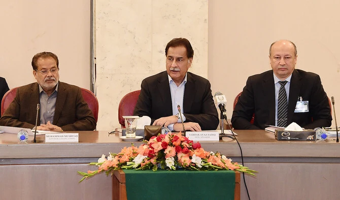 Pakistan’s National Assembly Speaker Ayaz Sadiq (center) chairs the first meeting of the negotiations committee between the government and the opposition PTI party in Islamabad, Pakistan, on December 23, 2024. (@NAofPakistan/X)