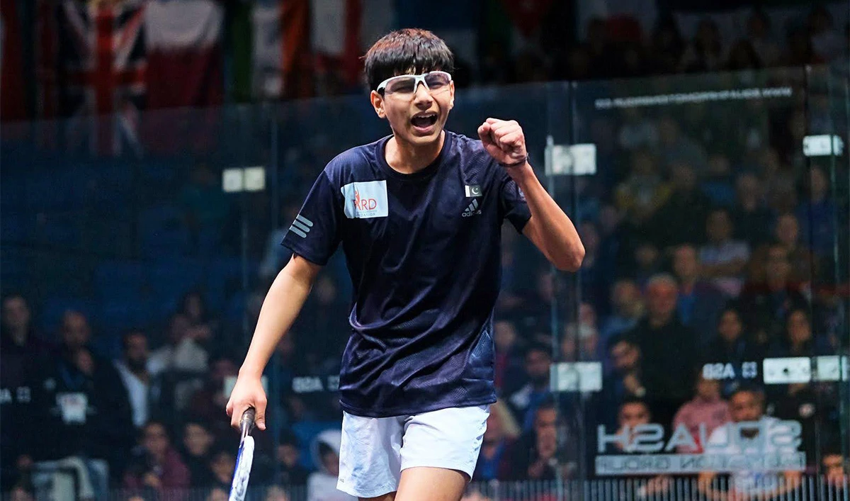 Pakistan’s Sohail Adnan gestures after earning a point against Egyptian opponent Moez Elmoghazy in the final match in the British Junior Open Squash Championship in Birmingham on January 6, 2025. (Photo Courtesy: British Junior Open)