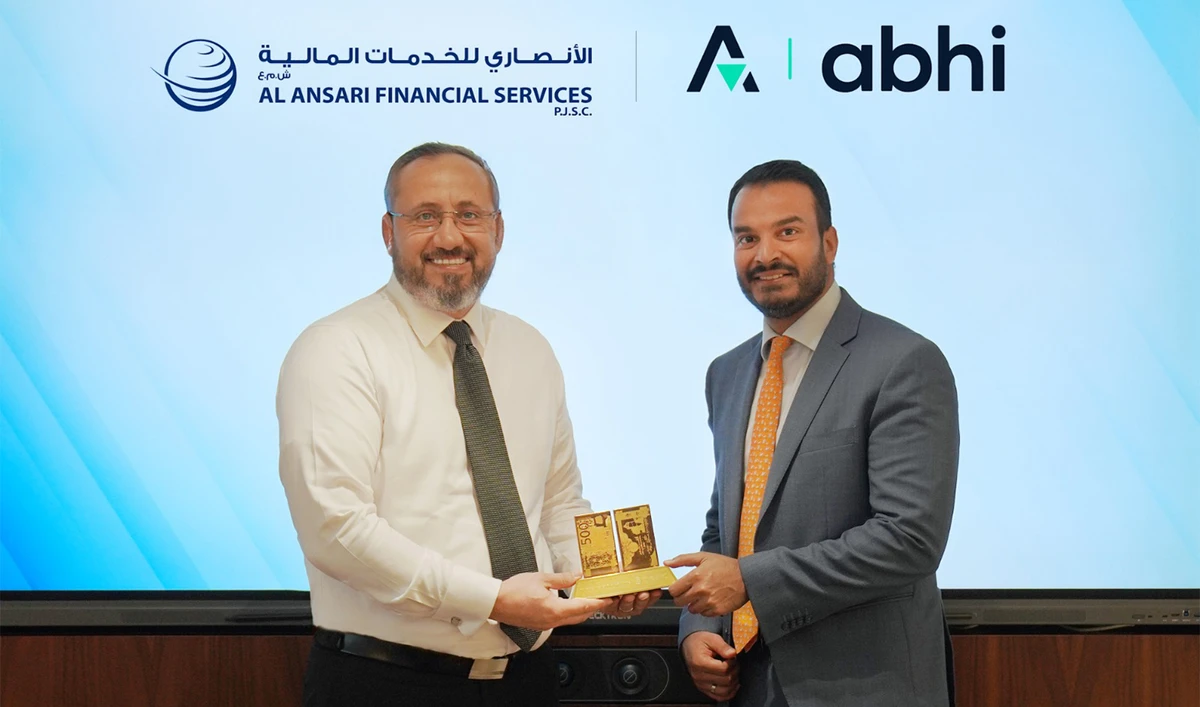 Omair Ansari (right), Co-Founder & CEO of Abhi Middle East Limited, and Mohammad Bitar, group deputy CEO of Al Ansari Financial Services, pose for picture in Abu Dhabi, UAE, on January 13, 2025. (Abhi)