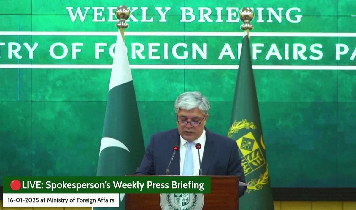 Pakistan's Foreign Office Spokesperson Shafqat Ali Khan addresses weekly press briefing in Islamabad, Pakistan, on Januart 16, 2025. (MOFA)