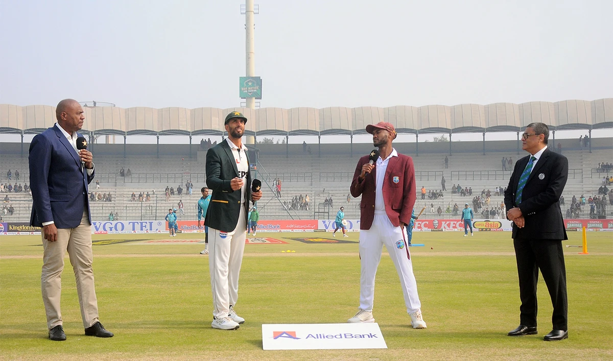 Pakistani Test cricket team captain, Shan Masood (second left), flips the coin before Pakistan v West Indies Test match in Multan on January 17, 2025. (PCB)