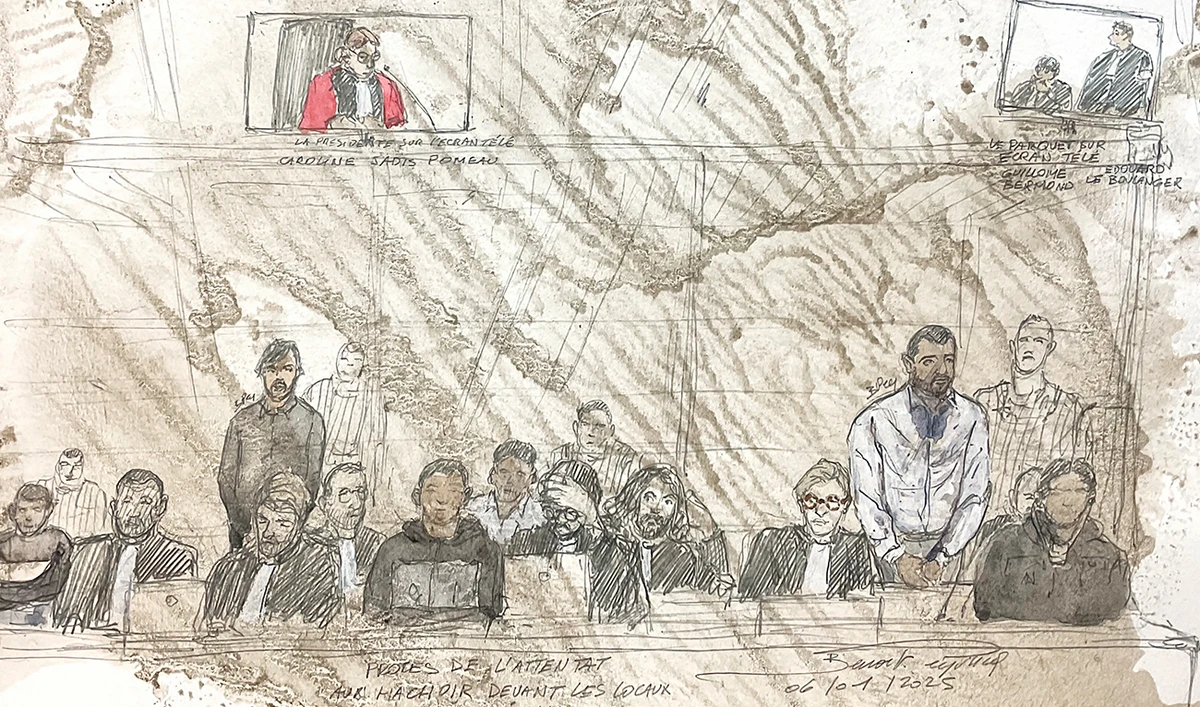 This court sketch made on January 6, 2025, shows defendant Zaheer Mahmood (2nd R) who attacked two people with a cleaver in September 2020, outside the former offices of Charlie Hebdo, during his trial at the juvenile assize court in Paris. (AFP)