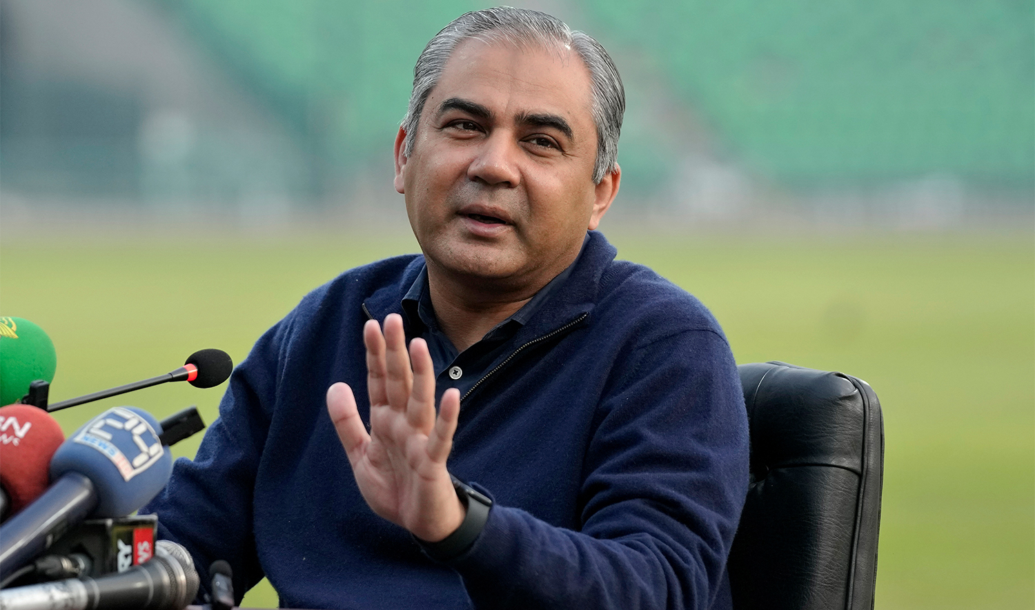 Pakistan's Interior Minister and Chairman of Pakistan Cricket Board, Mohsin Naqvi, speaks during a press conference regarding preparation for the upcoming ICC Champions Trophy 2025 cricket tournament, in Lahore, Pakistan, on January 31, 2025. (AP/File)