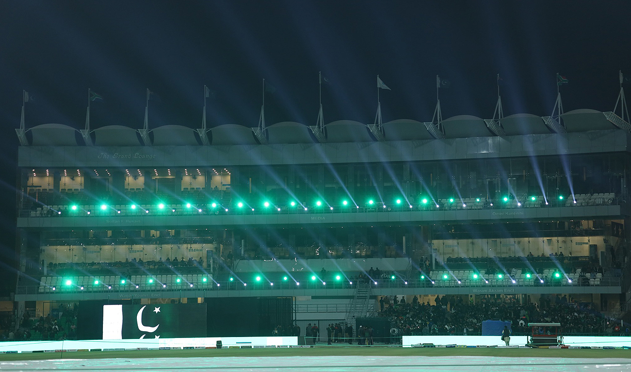 Special light show underway as Pakistan Prime Minister Shehbaz Sharif inaugurates renovated Gaddafi Stadium in Lahore on February 7, 2025, ahead of ICC Champions Trophy 2025. (Photo courtesy: PCB/Handout)