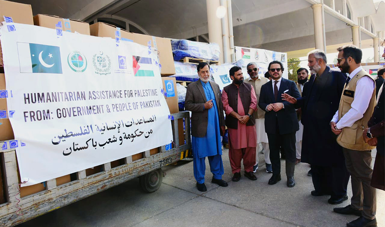 Pakistan’s National Disaster Management Authority and Al-Khidmat Foundation send 23rd relief consignment for Palestine, Lebanon and Syria via a chartered flight from Jinnah International Airport in Karachi on February 9, 2025. (NDMA)