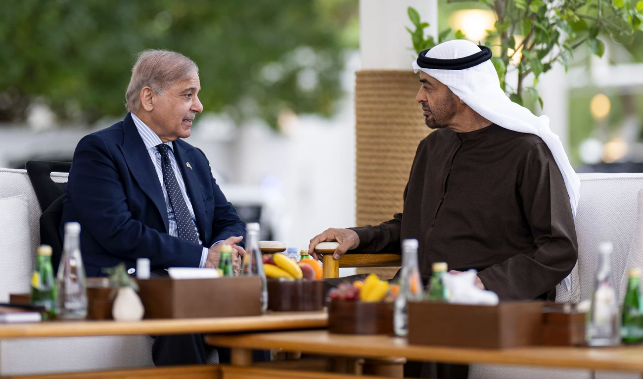 Pakistan’s Prime Minister Shehbaz Sharif meets United Arab Emirates (UAE) President Sheikh Mohamed bin Zayed Al-Nahyan (left) in Abu Dhabi on February 11, 2025. (PMO)