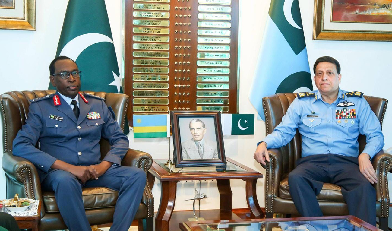 Pakistan’s Air Chief Marshal Zaheer Ahmed Baber Sidhu (R) in a meeting with Rwanda's Air Chief Let. Gen. Jean Jacques Mupenzi at the Air Headquarters in Islamabad, Pakistan on February 12, 2024. (ISPR)