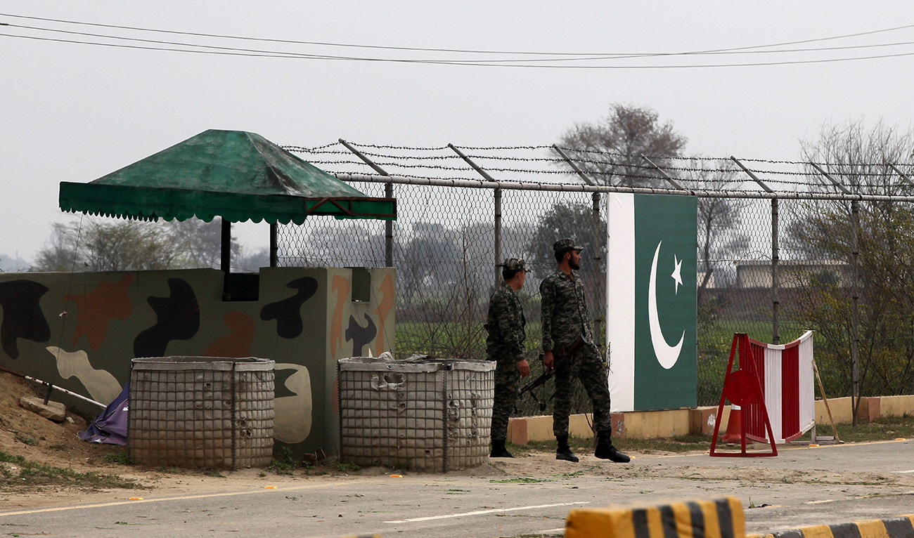 In this file photo, taken on March 1, 2019, paramilitary soldiers stand guard at a check post at Wagah border post near Lahore, Pakistan. (REUTERS/File)
