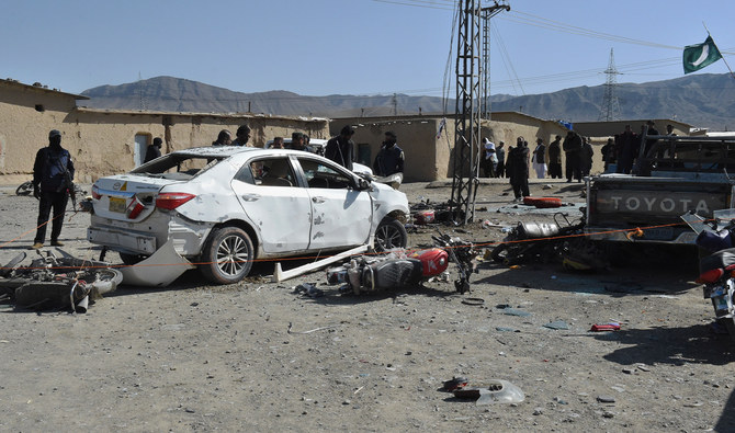 Security officials examine the site of a bomb blast in the Pashin district of Pakistan’s Balochistan province, on February 7, 2024. (AP/File)