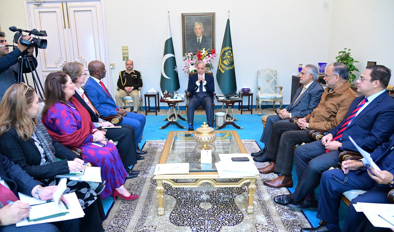 Resident Coordinator of the United Nations in Pakistan Mohamed Yahya (4L) gestures during a meeting with Pakistan Prime Minister Shehbaz Sharif in Islamabad on February 14, 2025. (PMO)