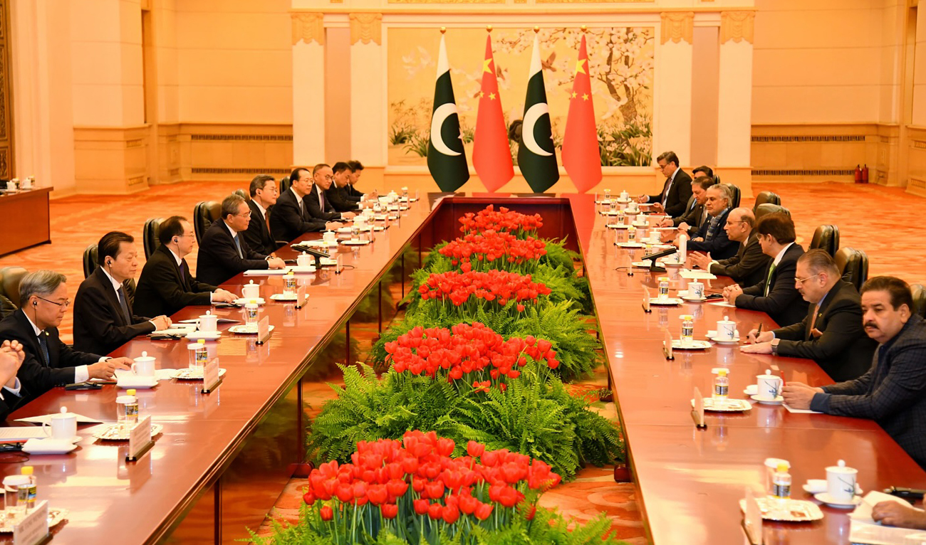 In this handout photo, posted by Pakistan Peoples Party on February 6, 2025, Pakistan President Asif Ali Zardari (4R), along with his delegation, speaks during a bilateral meeting with China Premier Li Qiang (4L) at the Great Hall of the People in Beijing. (Photo courtesy: Facebook/@Bilawalhouse)
