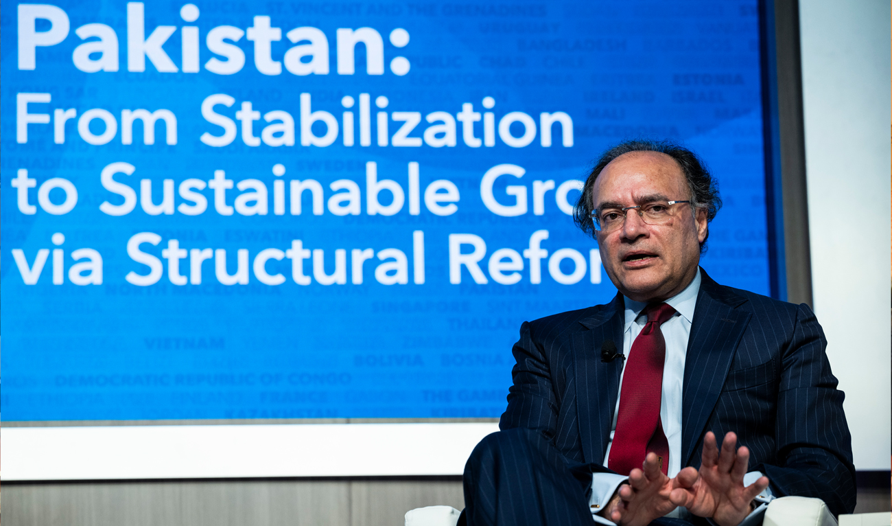 Pakistan’s Minister for Finance and Revenue Muhammad Aurangzeb speaks during a discussion on Pakistan, during the International Monetary Fund and World Bank Group 2024 Annual Meetings, in Washington, DC on October 22, 2024. (Sipa USA via Reuters/File)