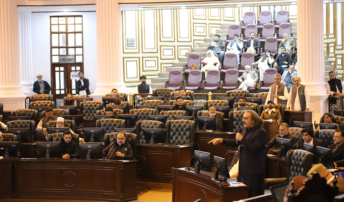 In this file photo, taken on November 30, 2024, Pakistan’s Khyber Pakhtunkhwa Chief Minister Ali Amin Gandapur speaks at the provincial assembly in Peshawar. (Photo courtesy: Facebook/pakpgov/File)