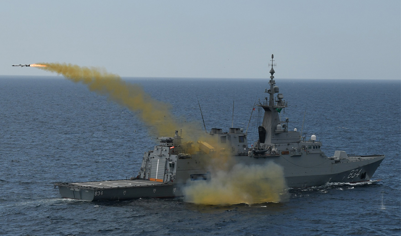 Saudi Navy ship exhibits a live fire demonstration during a bilateral maritime exercise in the North Arabian Sea on February 15, 2025. (Pakistan Navy)