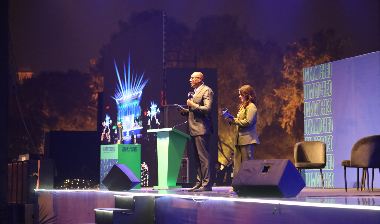 Hosts for the curtain raiser event of the ICC Men’s Champions Trophy 2025, speak during the event at Lahore Fort, in Lahore, Pakistan, on February 16, 2025. (PCB)