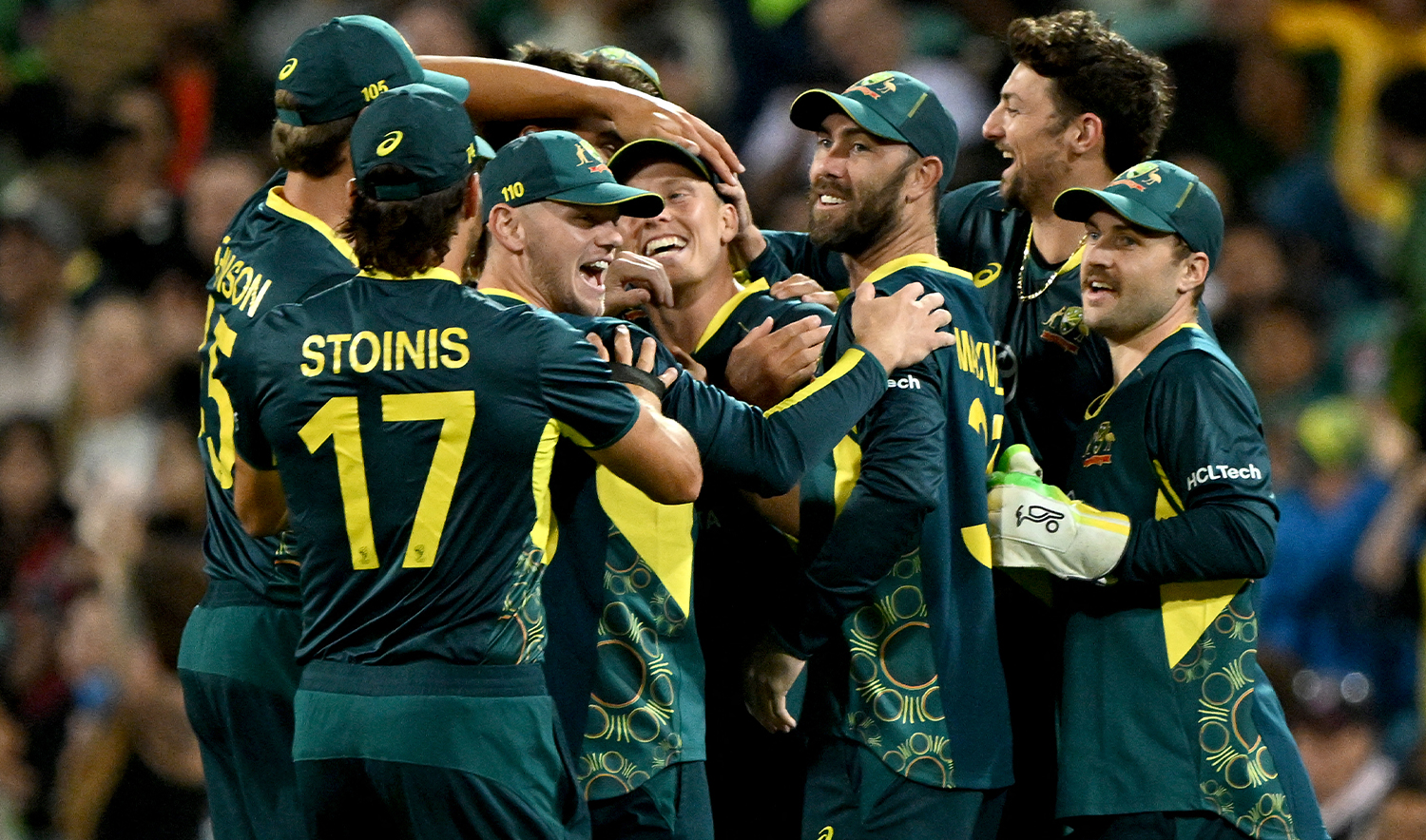 Australia’s Xavier Bartlett (C) celebrates with teammates after dismissing Pakistan's Babar Azim during the second Twenty20 international cricket match between Australia and Pakistan at the Sydney Cricket Ground (SCG) in Sydney on November 16, 2024. (AFP/File)