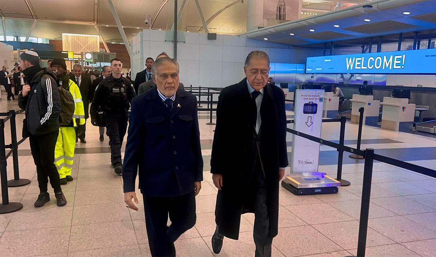 Pakistan’s Deputy Prime Minister and Foreign Minister Ishaq Dar (left) arrives in New York, US, on February 17, 2025. (@ForeignOfficePk/X)