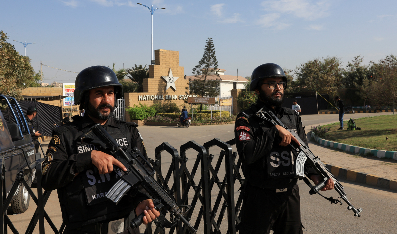 Members of the Special Security Unit (SSU) stand guard outside National Bank Stadium ahead of the ICC Champions Trophy 2025 tournament in Karachi, Pakistan February 14, 2025. (REUTERS)