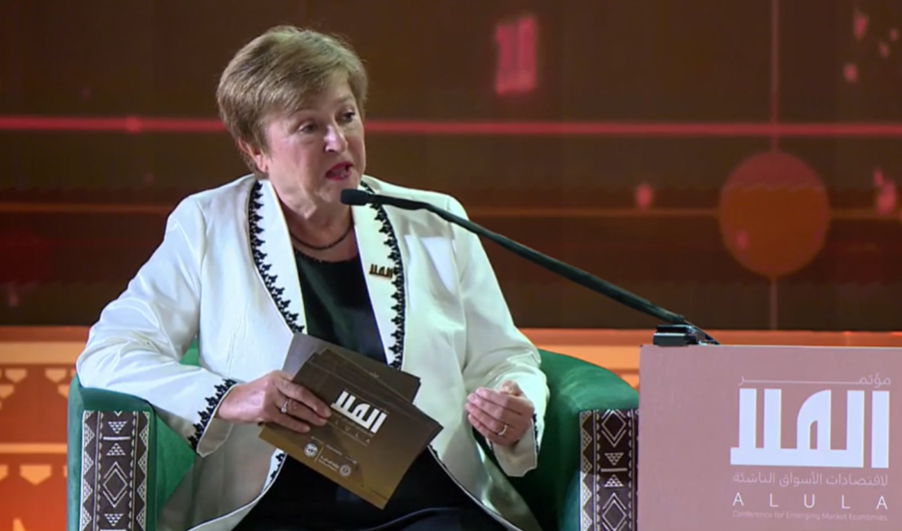 International Monetary Fund (IMF) Managing Director Kristalina Georgieva moderating a panel discussion, titled “A Path for Emerging Market Resilience,” at the AlUla Conference for Emerging Market Economies in Saudi Arabia on February 17, 2025. (AlUla Conference 2025)