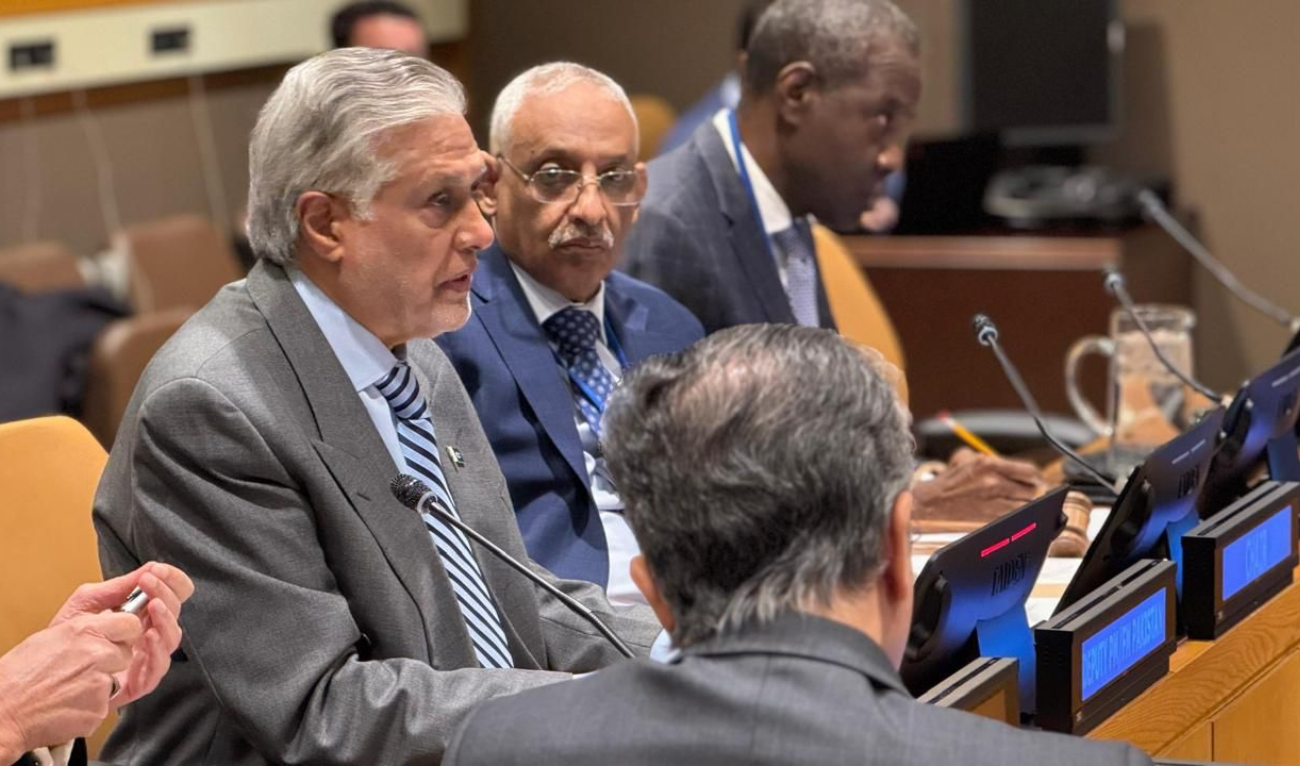 Pakistan Deputy Prime Minister Ishaq Dar during his briefing to the OIC Group on Pakistan’s priorities on the sidelines of a United Nations Security Council (UNSC) meeting in New York on February 17, 2024. (Ministry of Foreign Affairs)