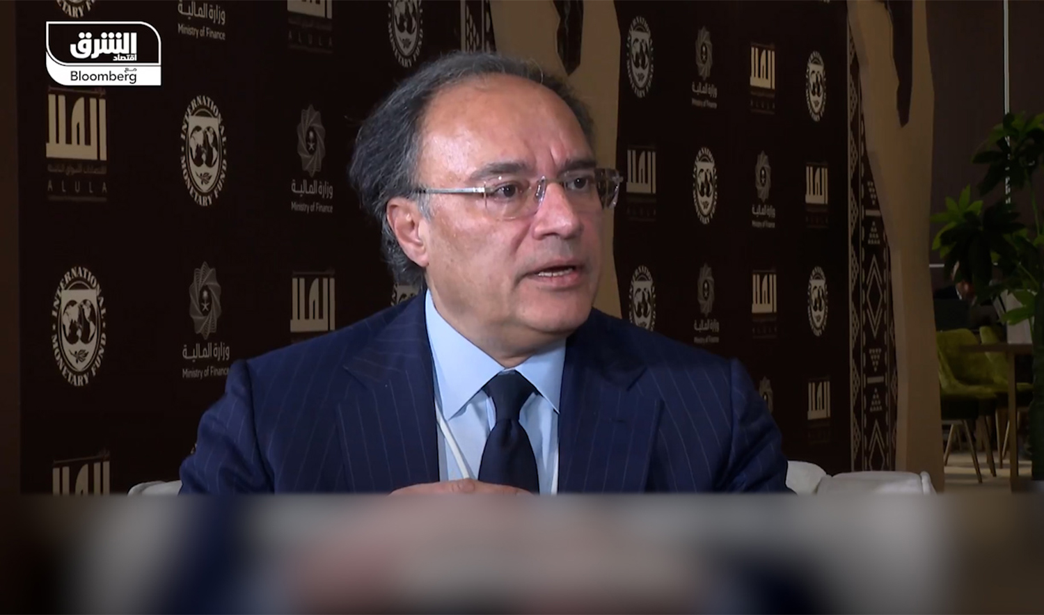 The screengrab taken on February 18, 2025, shows Pakistan's Finance Minister Muhammad Aurangzeb giving an interview to Ashraq Business. (Asharq Business/Screengrab)