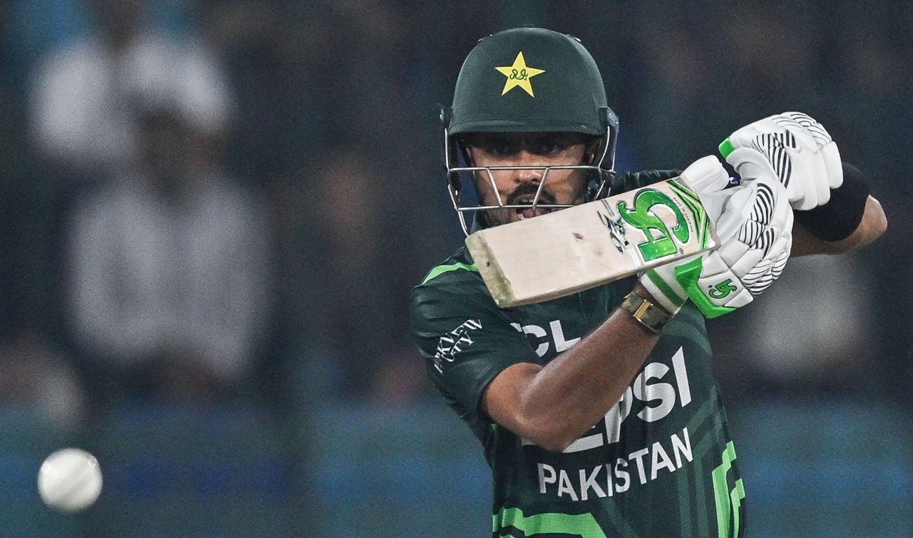 Pakistan's Babar Azam plays a shot during the Tri-Nation series third one-day international (ODI) cricket match between Pakistan and South Africa at the National Stadium in Karachi on February 12, 2025. (AFP/File)