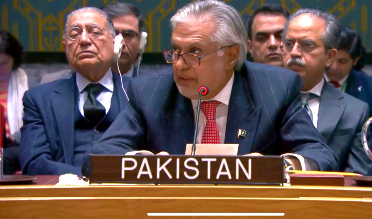 Pakistan’s Deputy Prime Minister Ishaq Dar addresses the United Nations Security Council (UNSC) on February 18, 2025. (Ministry of Foreign Affairs)