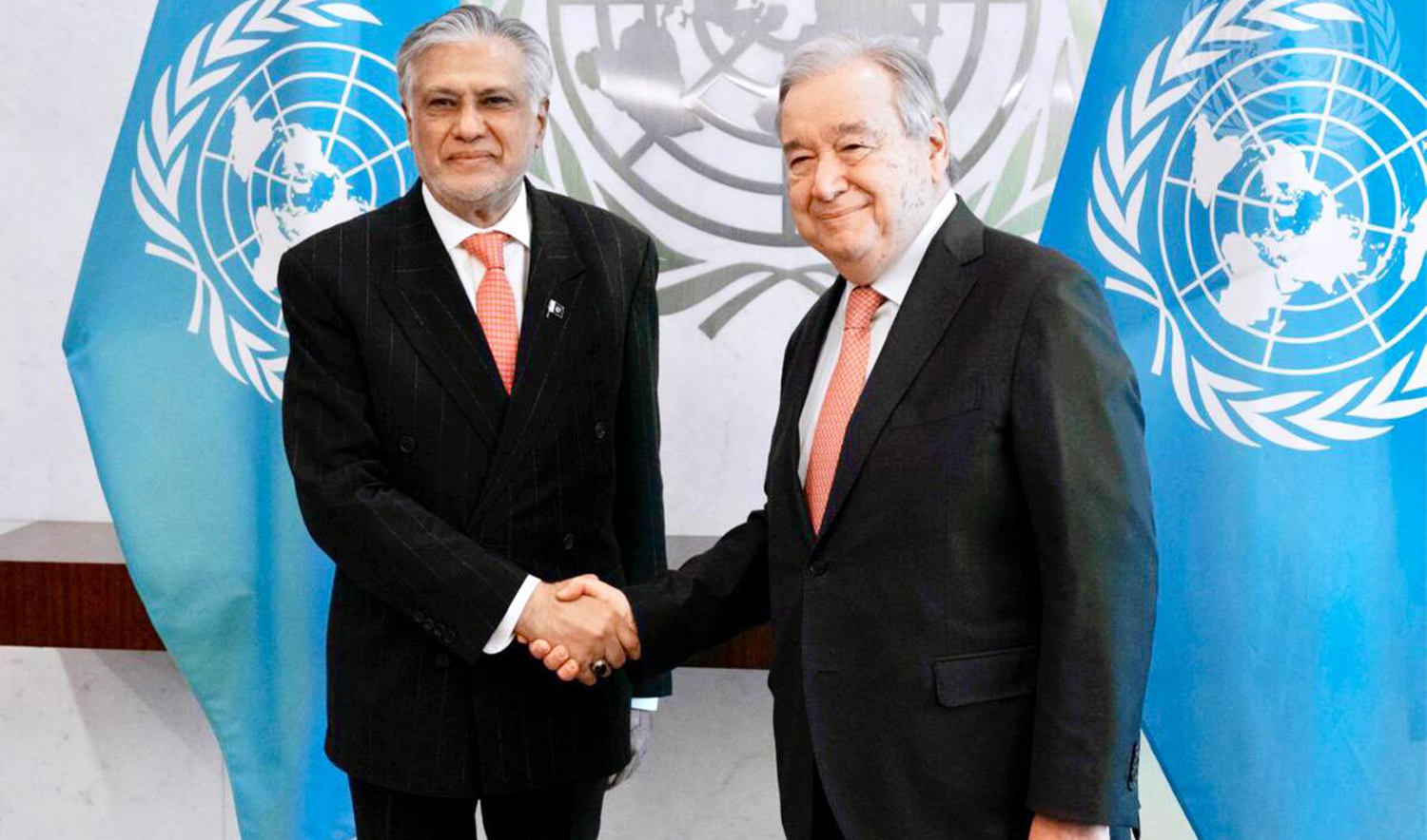 Pakistan’s Deputy Prime Minister Ishaq Dar (left) meets UN Secretary-General António Guterres in New York, US, on February 19, 2025. (Pakistan Foreign Office)