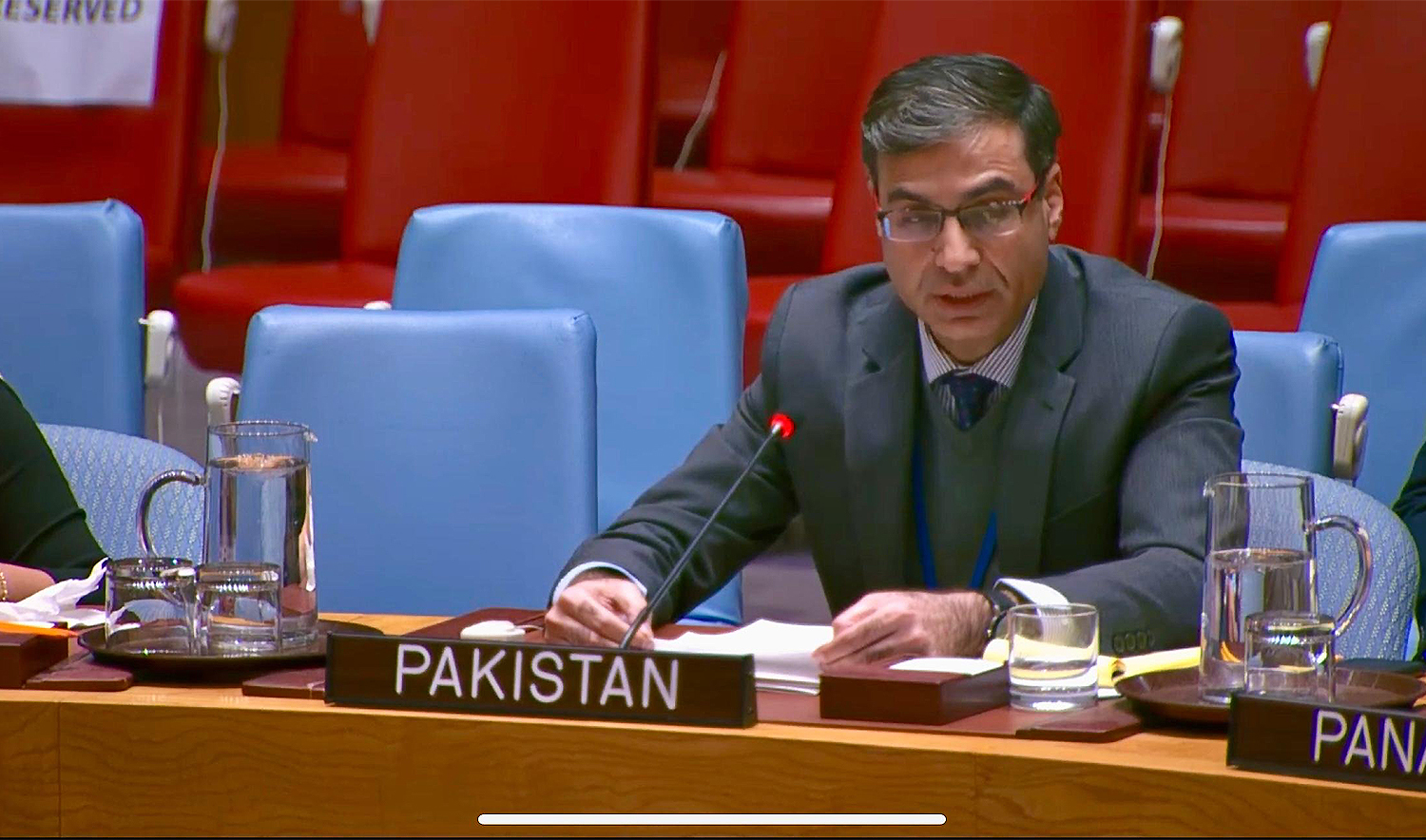 Pakistani diplomat Asif Khan addresses UN Security Council in New York, US, on February 20, 2025. (PakistanUN_NY/X)