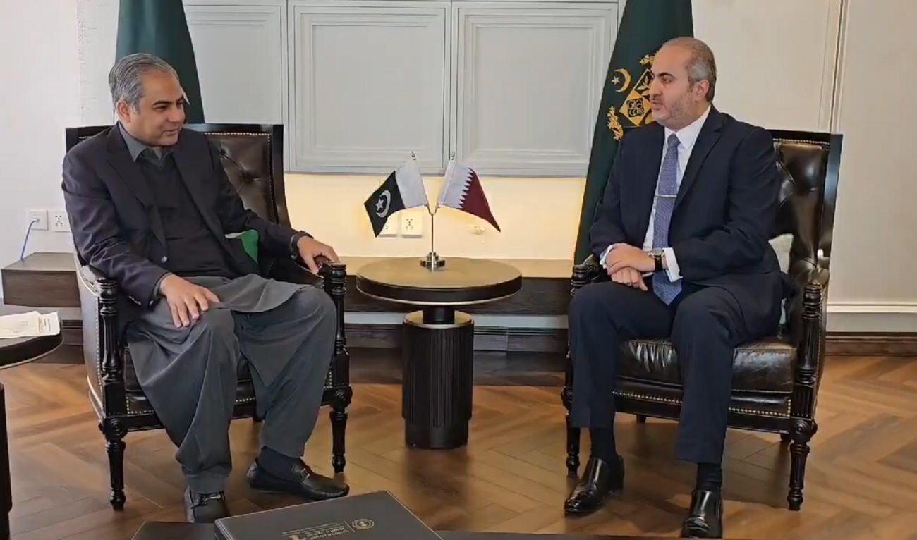 Qatar’s Ambassador to Pakistan Ali Mubarak Ali Essa Al-Khater speaks during a meeting with Pakistan Interior Minister Mohsin Naqvi in Islamabad on February 20, 2025. (Photo courtesy: X/@MOIofficialGoP)